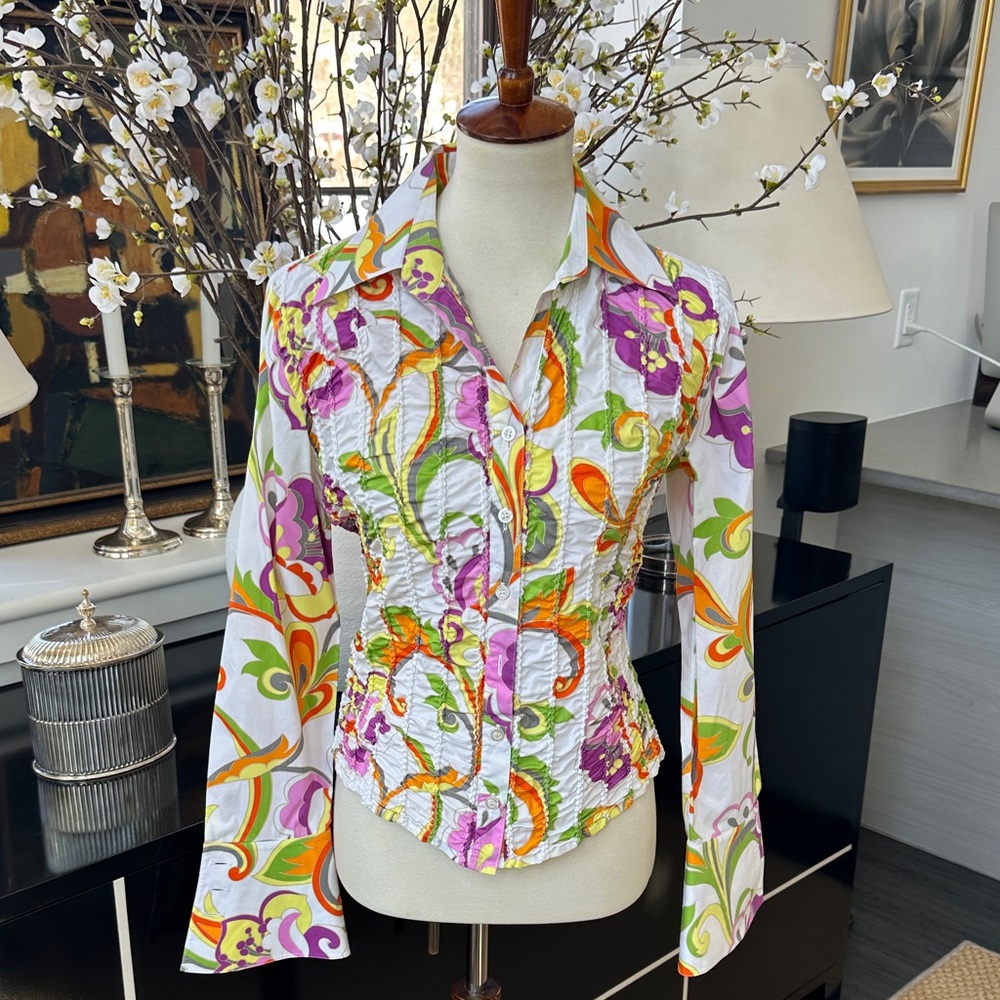 Vintage Escada Stretch Cotton Orchid Print Top 38/M